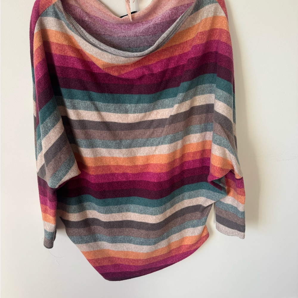 HEIMISH USA Striped Cowlneck Sweater in Magenta, Teal, Orange, Gray, Cream